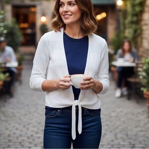 Jones New York White Tie-Front Cardigan 78%cotton M Casual Coastal Relaxed Layer